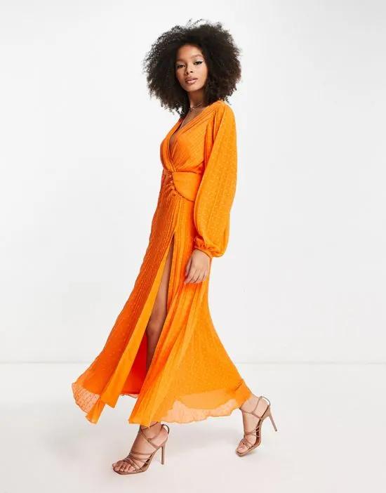 pleated textured chiffon wrap button detail maxi dress in bright orange