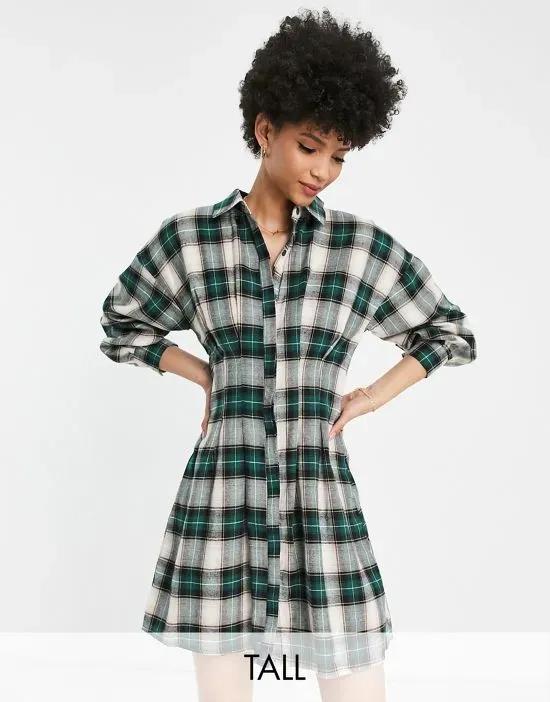 pleated waist shirt dress in check