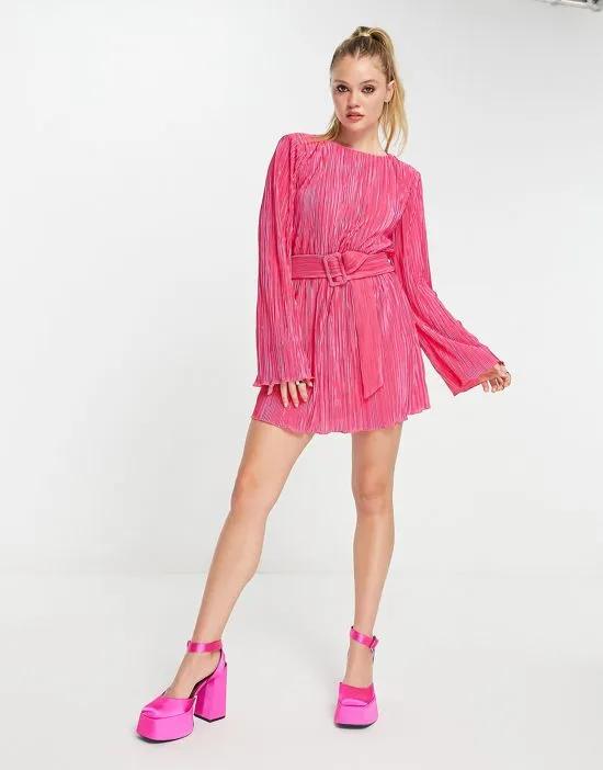 plisse belted mini dress in pink