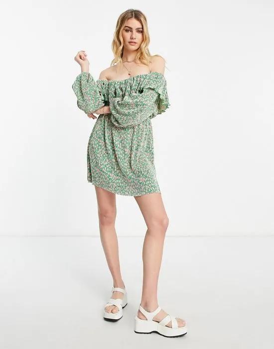 plisse frill bardot mini dress with long sleeves in green and pink ditsy print