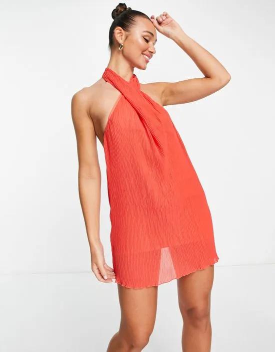 plisse halter mini dress in red