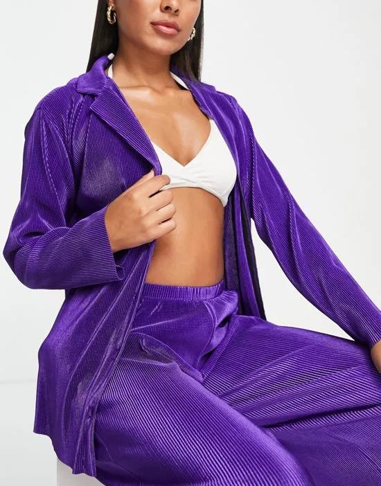 plisse longline beach shirt in purple -set