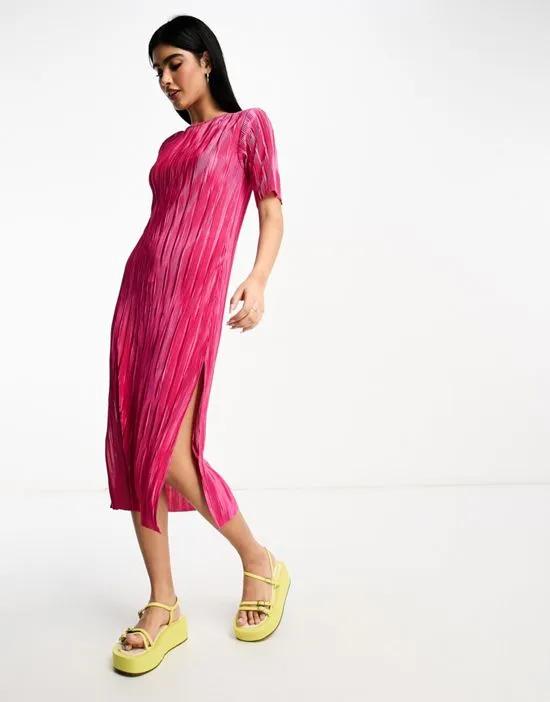 plisse midi dress in magenta pink