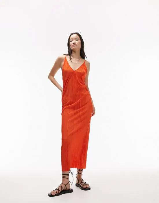plisse midi slip dress in orange