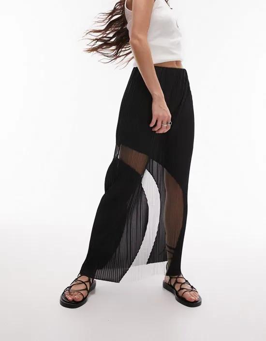 plisse sheer curved hem midi skirt in black