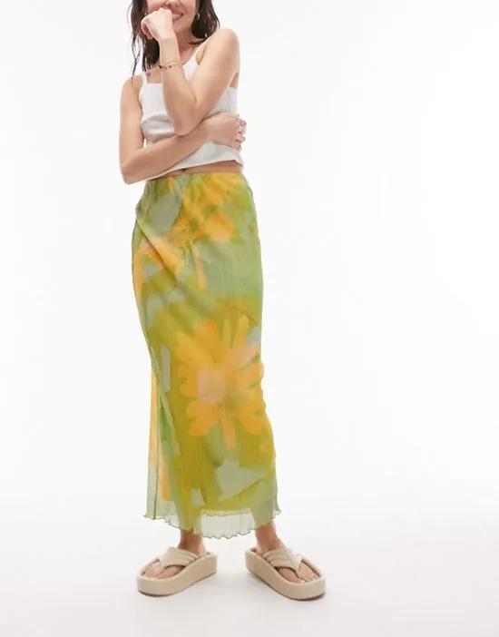 plisse sunflower print midi skirt in green