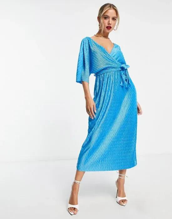 plisse wrap midi dress in blue