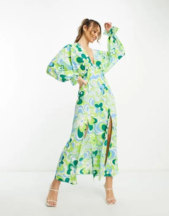 plunge batwing maxi dress in green retro floral