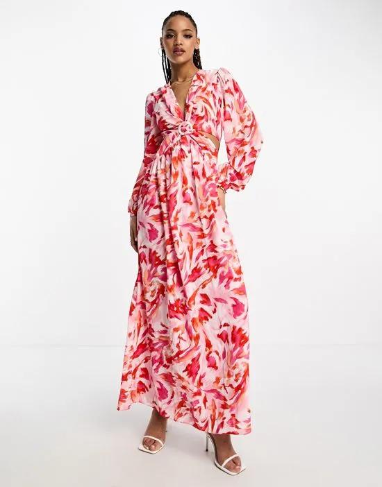 plunge cut-out midaxi dress in abstract print