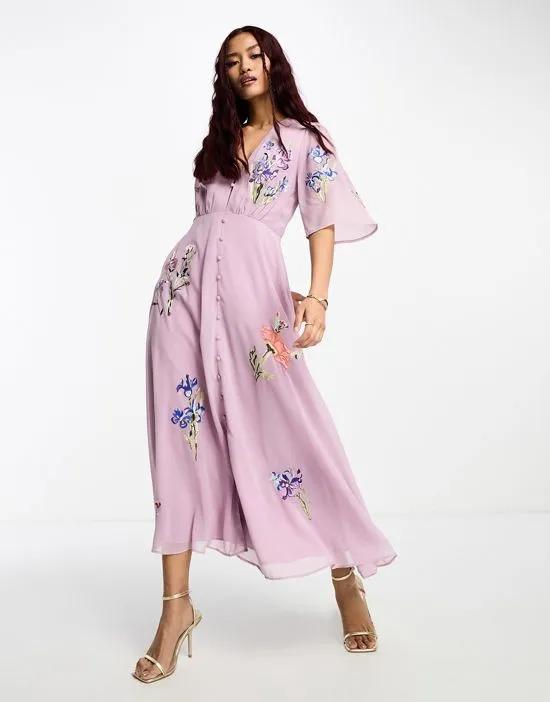 plunge front embroidered maxi dress in lilac