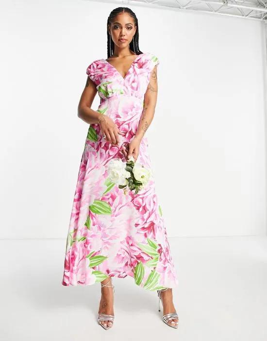plunge front maxi dress in green and pink floral