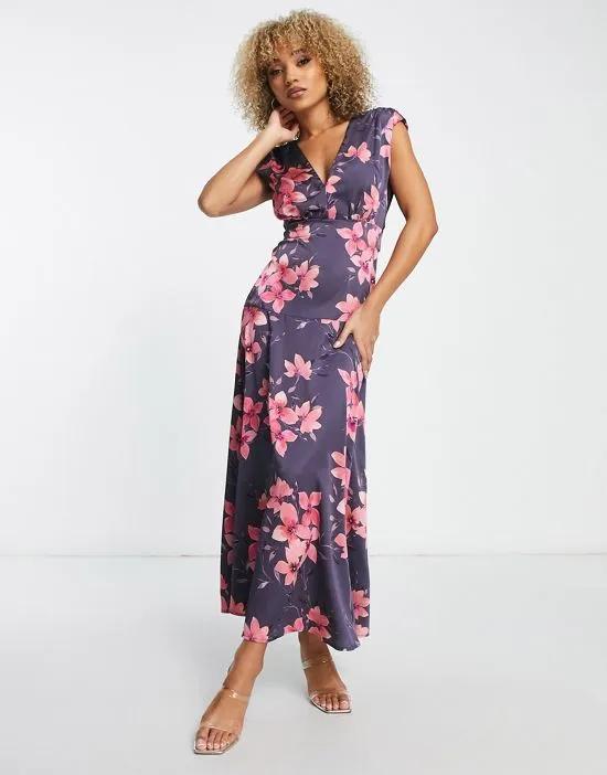 plunge front maxi dress in scattered dark gray floral