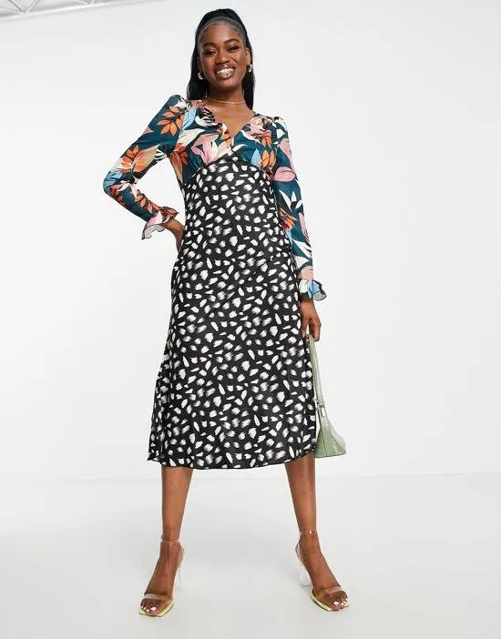 plunge front midi tea dress in patchwork floral and spot print