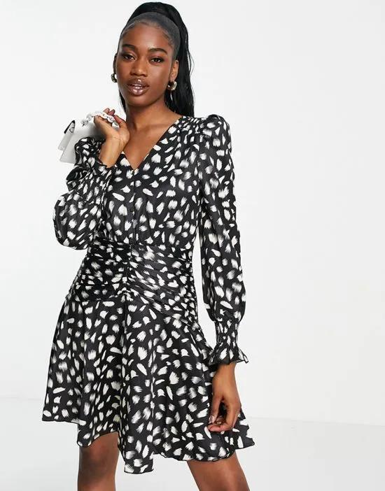 plunge front mini dress in smudge print