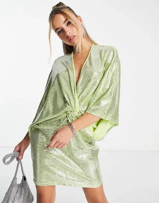 plunge front mini dress with drop sleeves in lime metallic sparkle