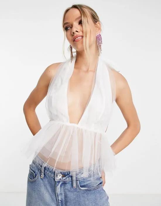 plunge front tulle cami with peplum hem in ivory