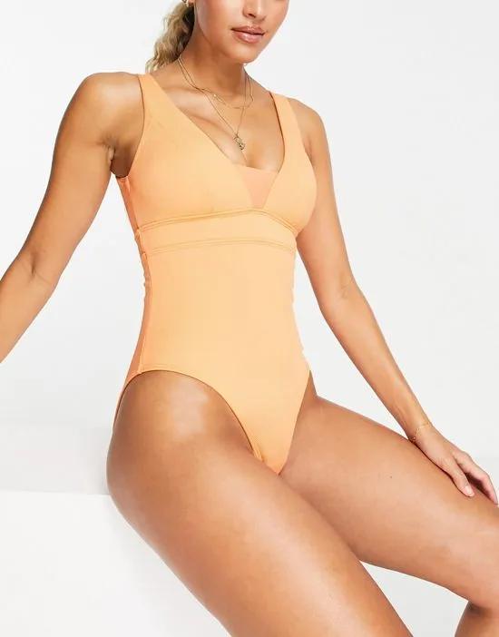 plunge front with mesh insert ribbed swimsuit in coral