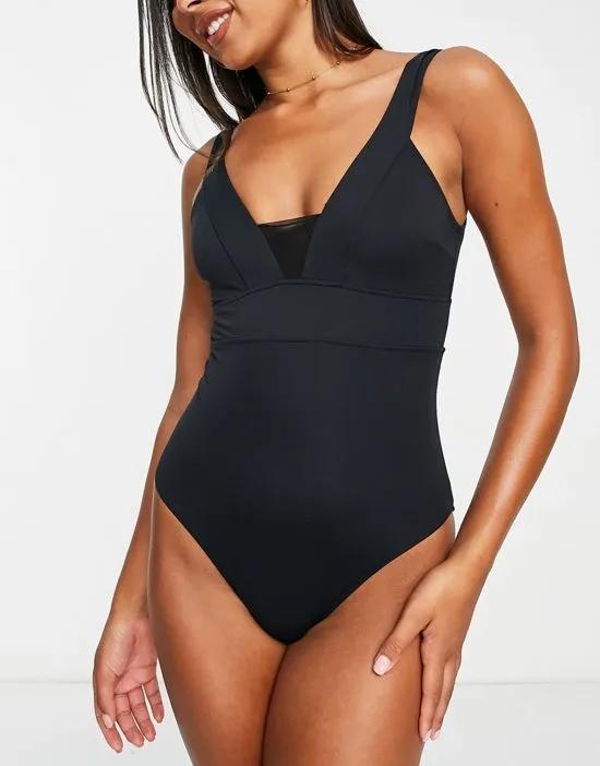 plunge front with mesh insert swimsuit in black