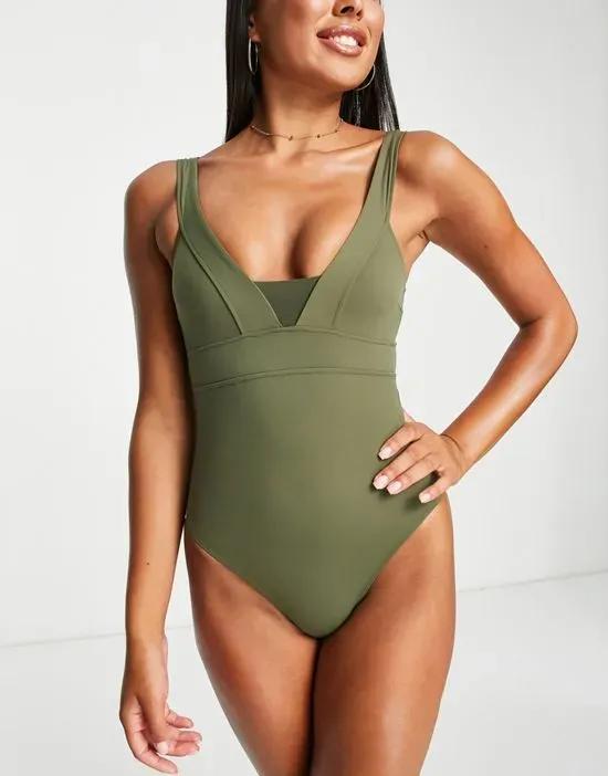 plunge front with mesh insert swimsuit in olive