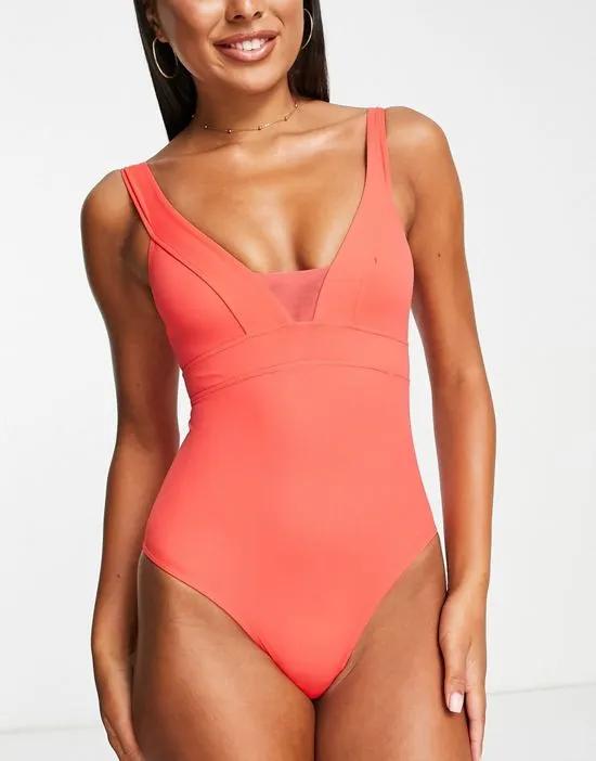 plunge front with mesh insert swimsuit in red
