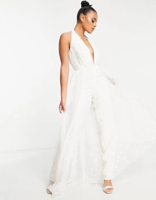 plunge jumpsuit with tulle overlay in ivory 3D floral
