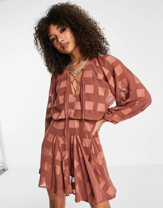 plunge mini dress with godet skirt in brown jacquard