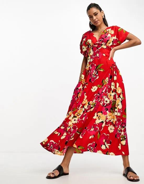 plunge neck batwing midi dress with side godets in floral print