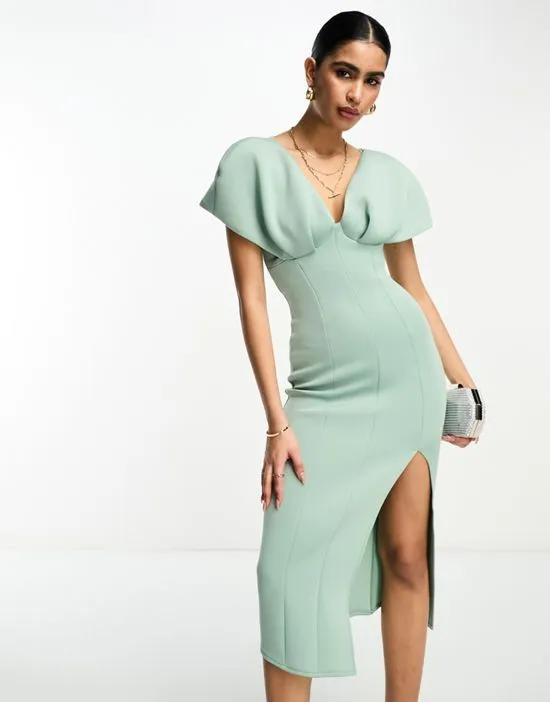 plunge neck dropped shoulder pencil midi dress in frosty sage