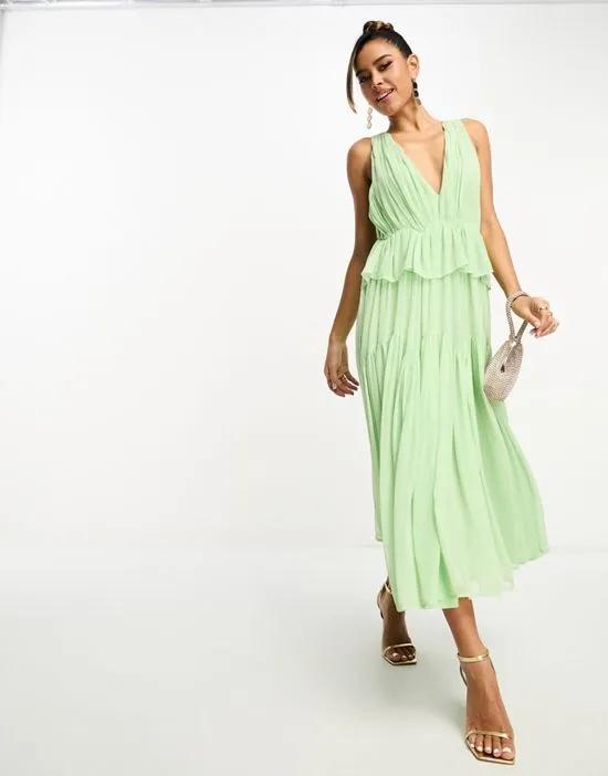 plunge pleated tiered midi dress in sage green