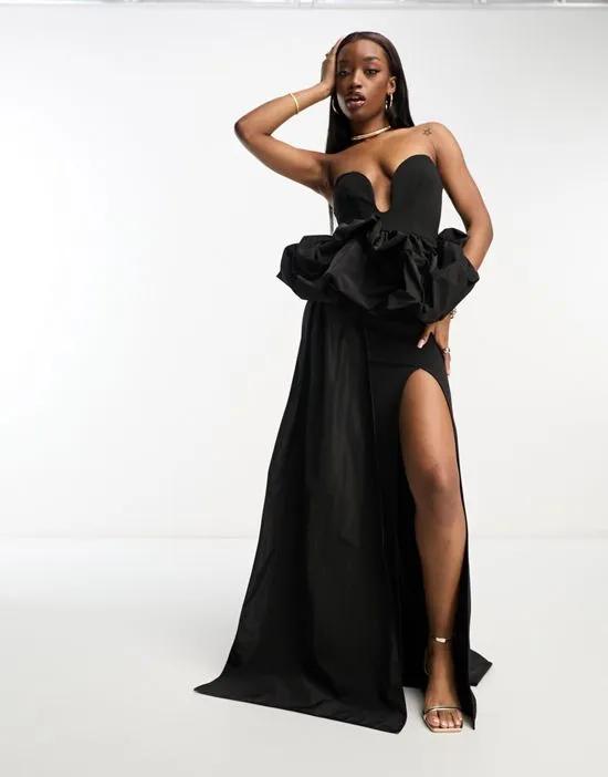 plunge premium bandeau maxi dress with peplum bubble waist and sash in black