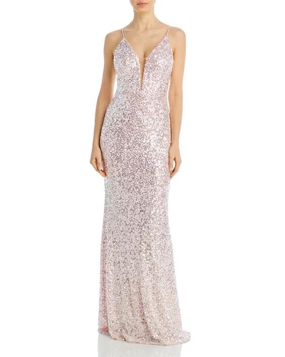 Plunging V Neck Sequin Gown - 100% Exclusive 