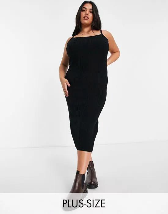 Plus knitted rib cami dress in black - part of a set