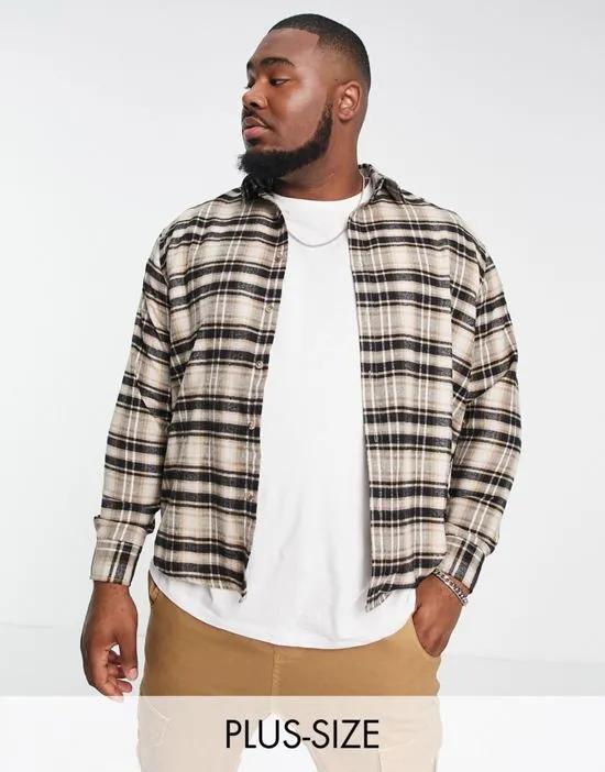 Plus long sleeve check shirt in beige