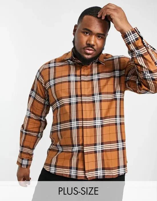 PLUS long sleeve flannel shirt in brown check