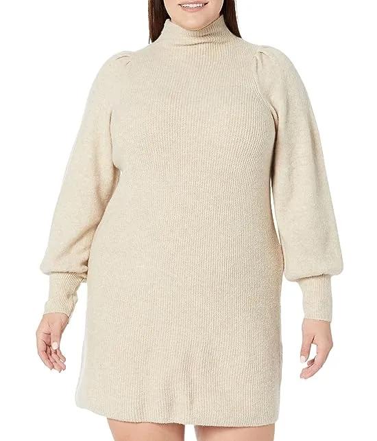 Plus Mock Neck Puff Sleeve Mini Sweaterdress