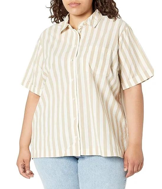 Plus Oversized Flap Pocket Short Sleeve Shirt - Stripe Poplin