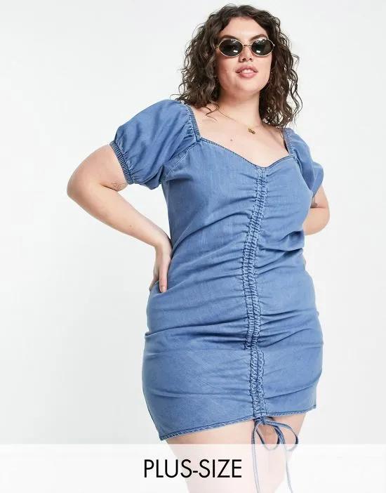 Plus rouched puff sleeved mini dress in blue