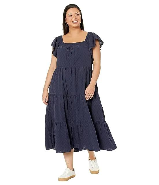 Plus Ruffle-Sleeve Tiered Midi Dress in Textured Check