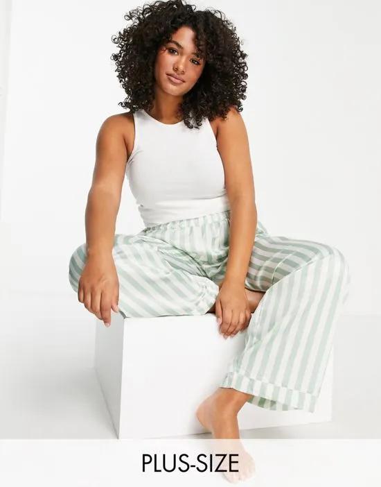 Plus satin pajama pants in sage green and cream stripe - part of a set