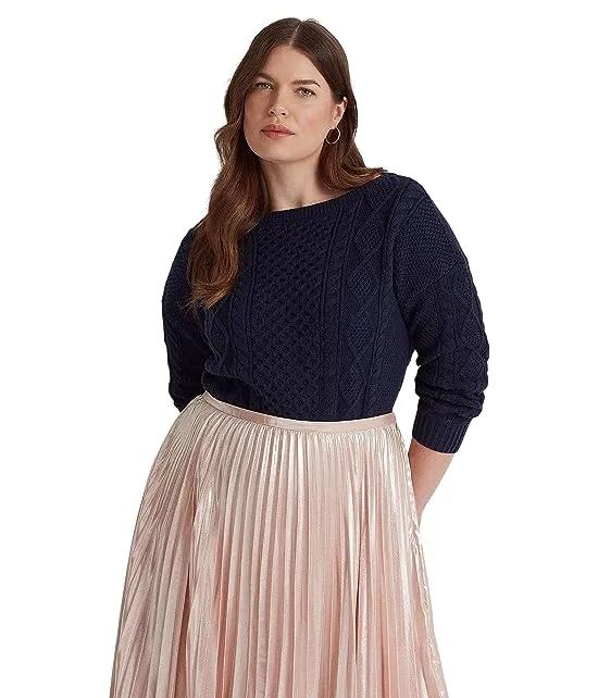 Plus Size Aran-Knit Cotton Boatneck Sweater