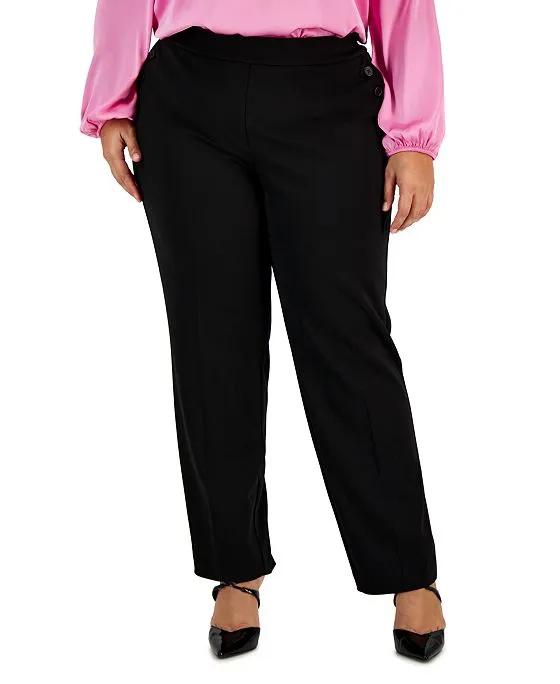 Plus Size Button-Detail Straight-Leg Pull-On Pants, Created for Macy's