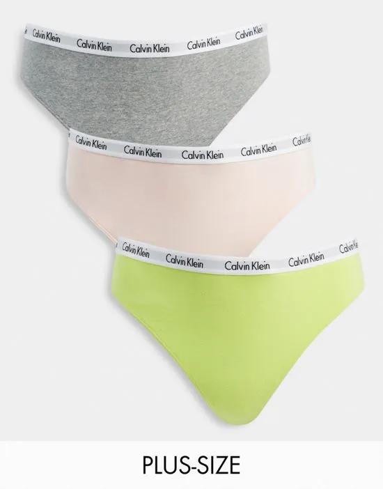 Plus Size Carousel thong 3 pack in gray, coral and cyber green