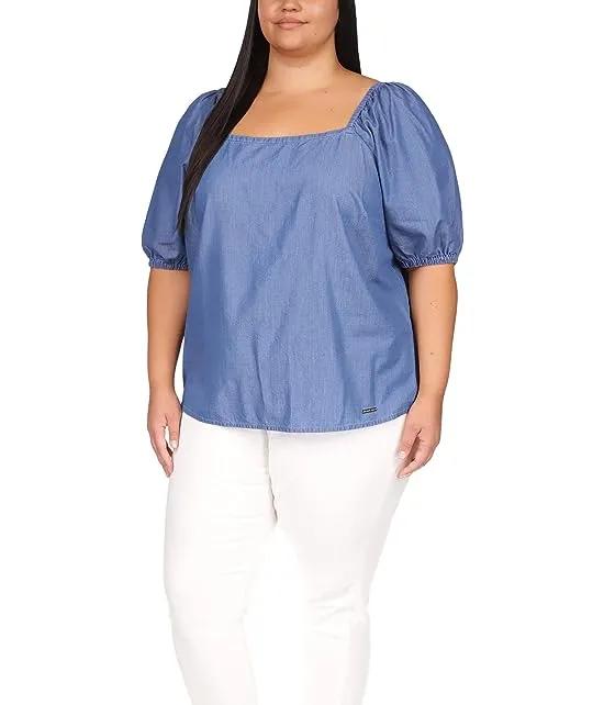 Plus Size Chambray Square Neck Top