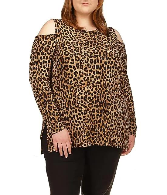 Plus Size Cheetah Long Sleeve Cold-Shoulder