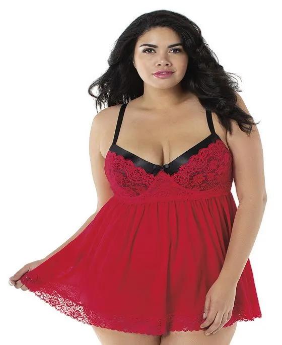 Plus Size Contrast Lace Overlay Babydoll Lingerie Nightgown