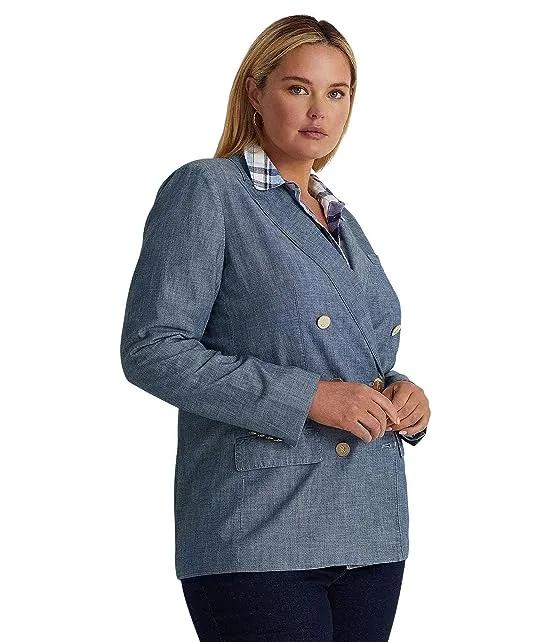 Plus Size Double-Breasted Chambray Blazer