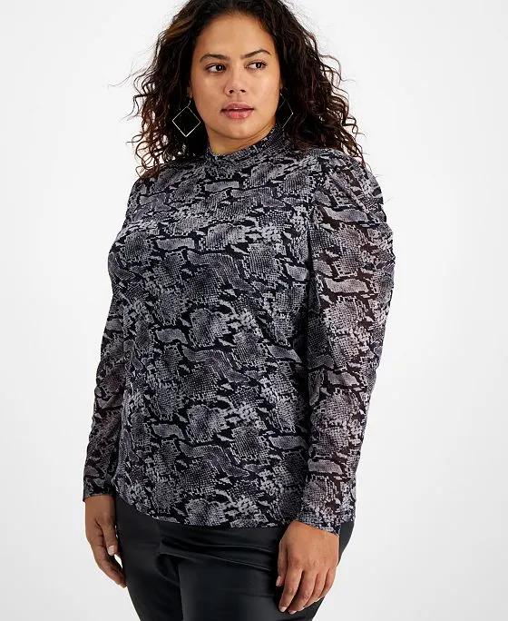 Plus Size Draped-Sleeve Animal-Print Mesh Top, Created for Macy's