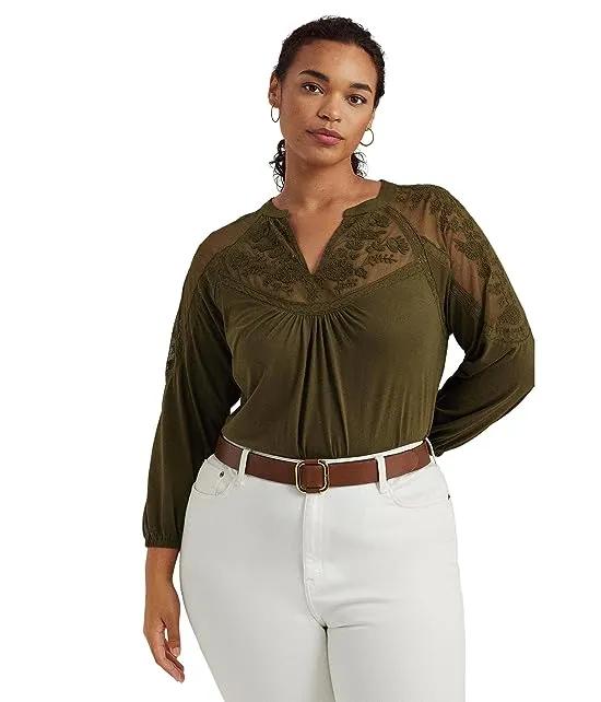 Plus Size Embroidered Jersey Blouson-Sleeve Top
