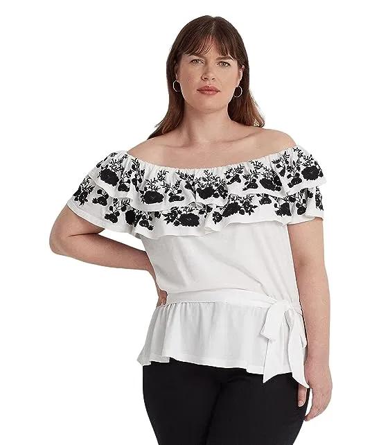 Plus Size Embroidered Jersey Off-the-Shoulder Top