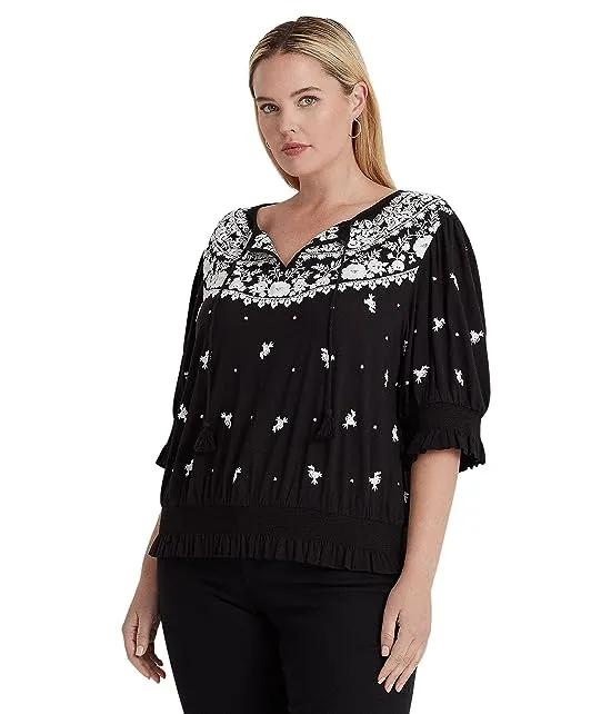 Plus Size Embroidered Jersey Tie Neck Top